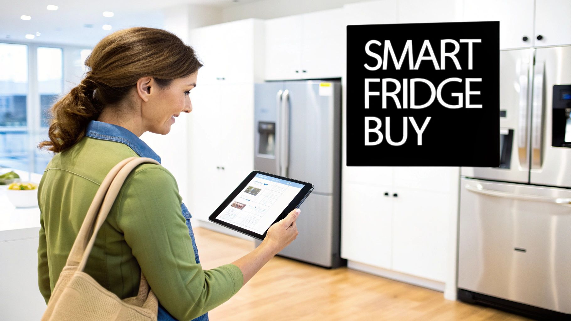 A woman browsing on a tablet in a modern kitchen, with a "SMART FRIDGE BUY" advertisement visible.