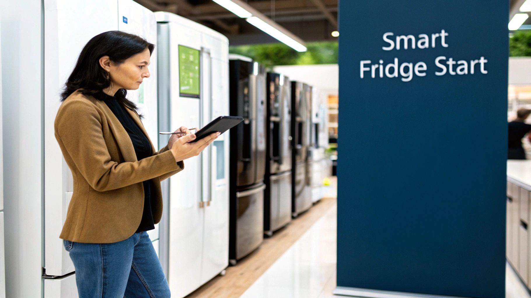 Woman in a brown jacket uses a tablet to browse smart fridges in an appliance store.