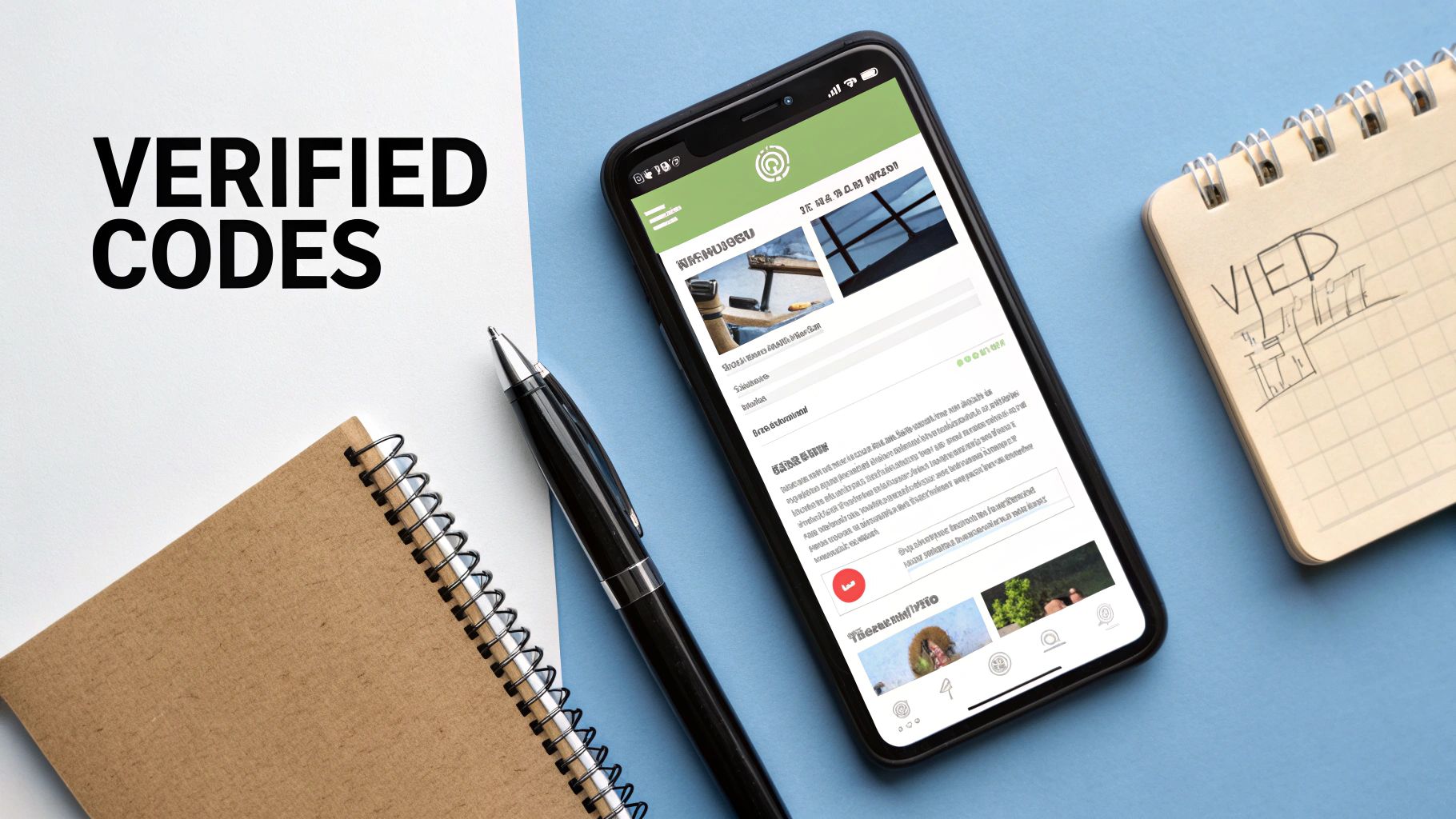 Smartphone with a mobile app next to a pen and notebooks, featuring 'VERIFIED CODES' on white paper.