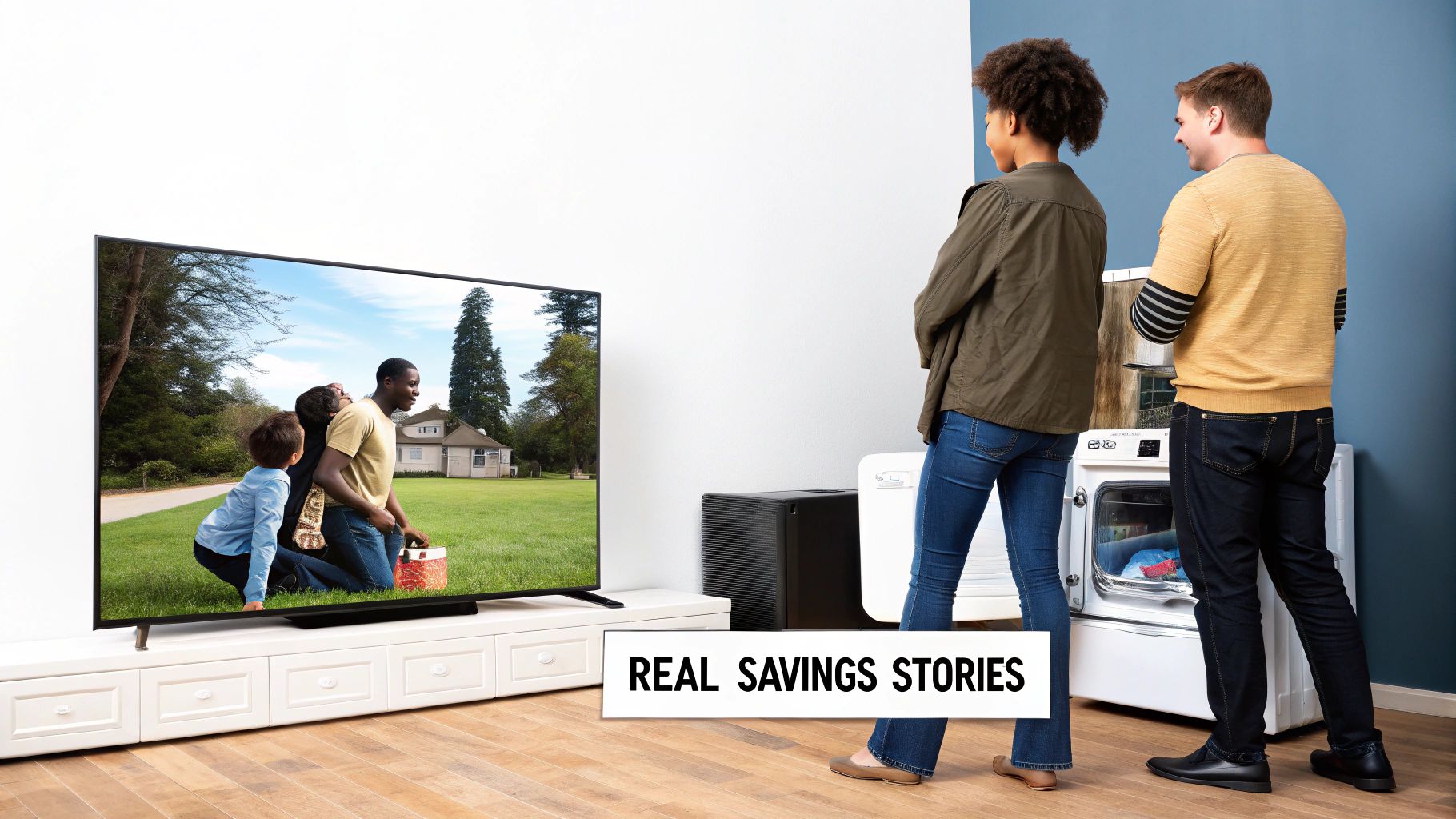 A couple stands in front of a washing machine and a TV displaying a family scene, with 'REAL SAVINGS STORIES' text.