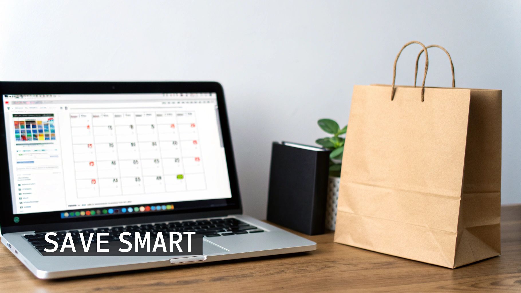 Laptop displaying a calendar next to a brown paper shopping bag on a wooden desk.