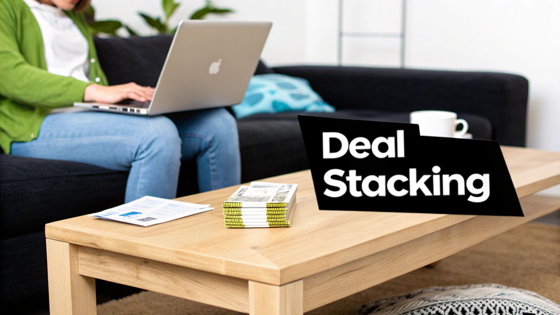 A person works on a laptop from a couch, with a 'Deal Stacking' sign and paper stacks on a table.
