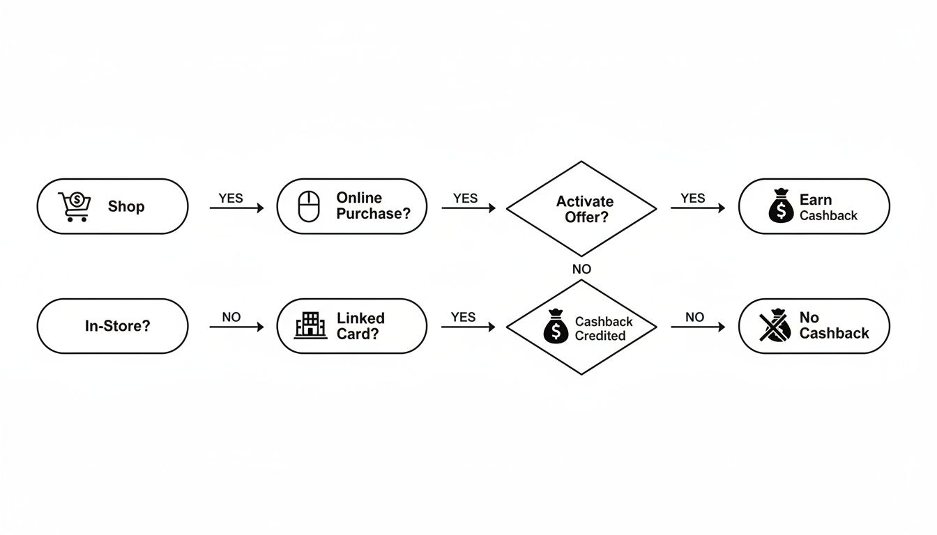 Flowchart illustrating the cashback process for online and in-store purchases, detailing offer activation and linked cards.