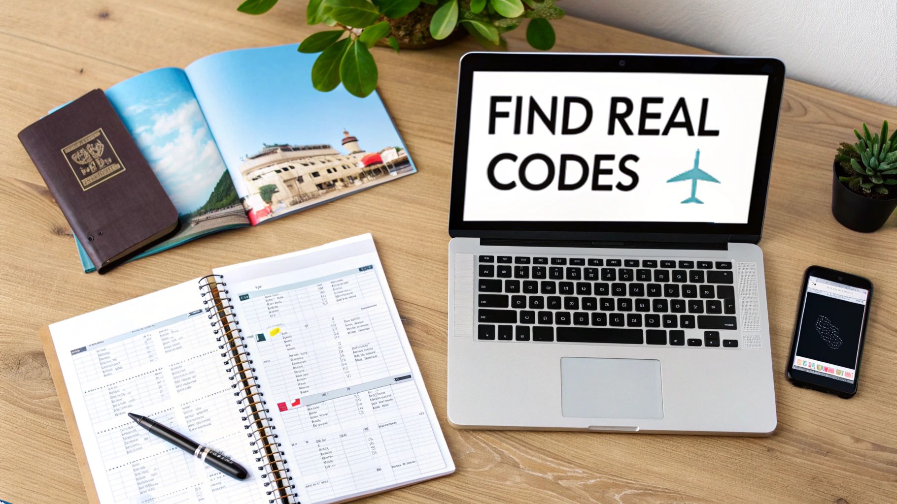 Desk with laptop showing 'FIND REAL CODES', passport, travel magazine, and planner.