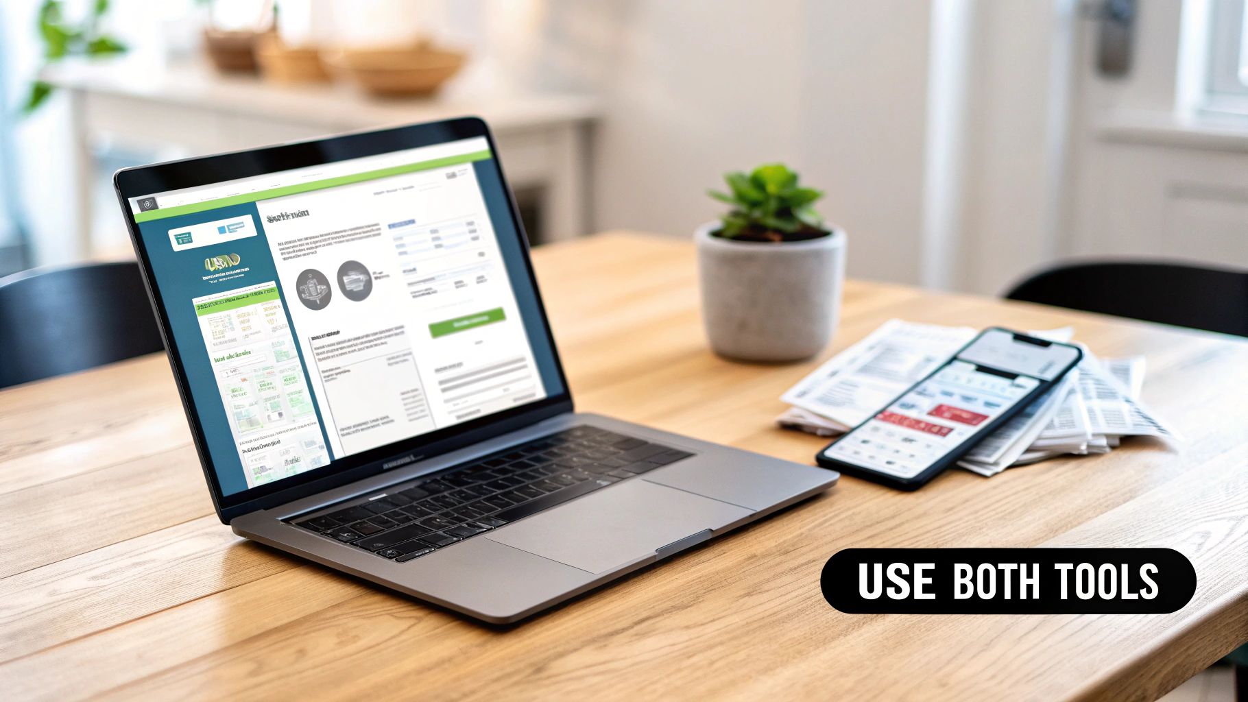 A laptop and smartphone on a wooden desk displaying comparison tools, with text 'USE BOTH TOOLS'.