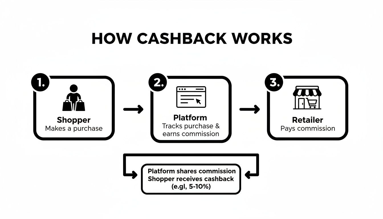 Flowchart showing the cashback mechanism: shopper buys, platform tracks and earns, retailer pays, then platform gives cashback.