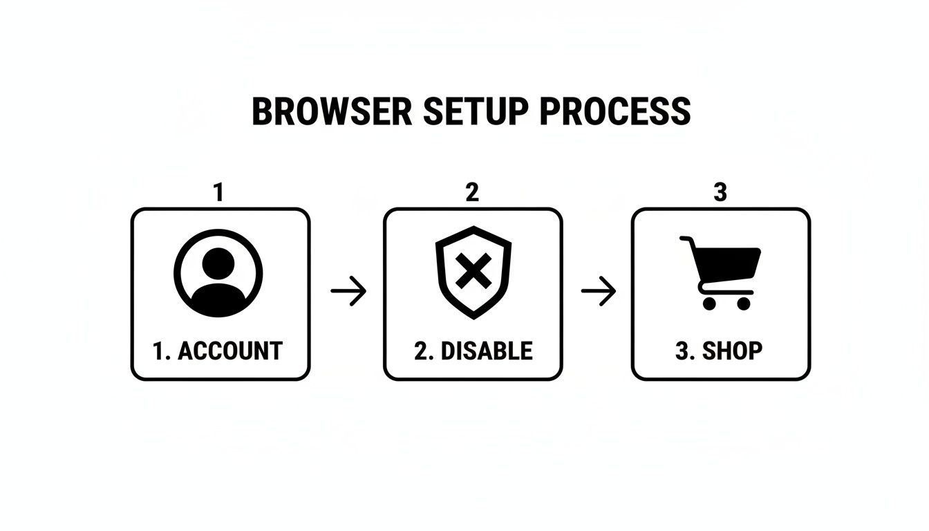 A flowchart showing a three-step browser setup process: Account, Disable, then Shop.
