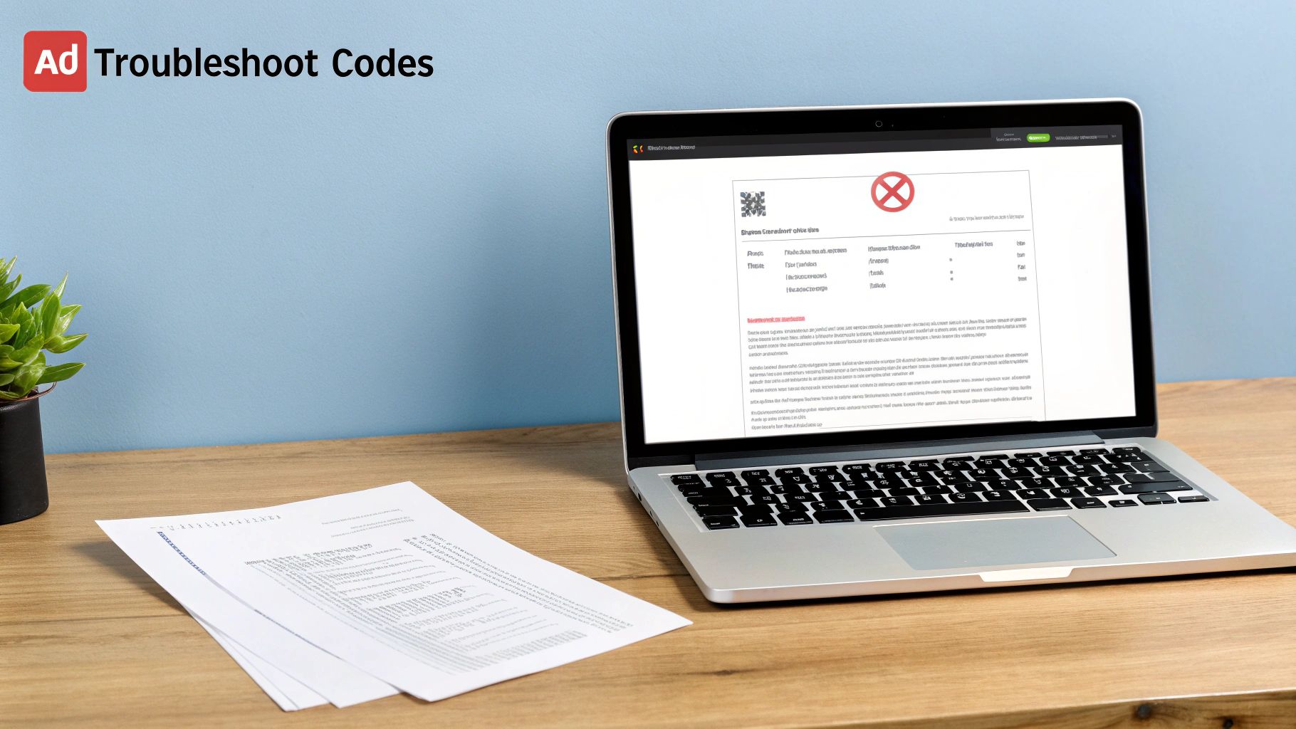 A laptop on a wooden desk displays a document with a QR code, beside a stack of papers and a green plant.