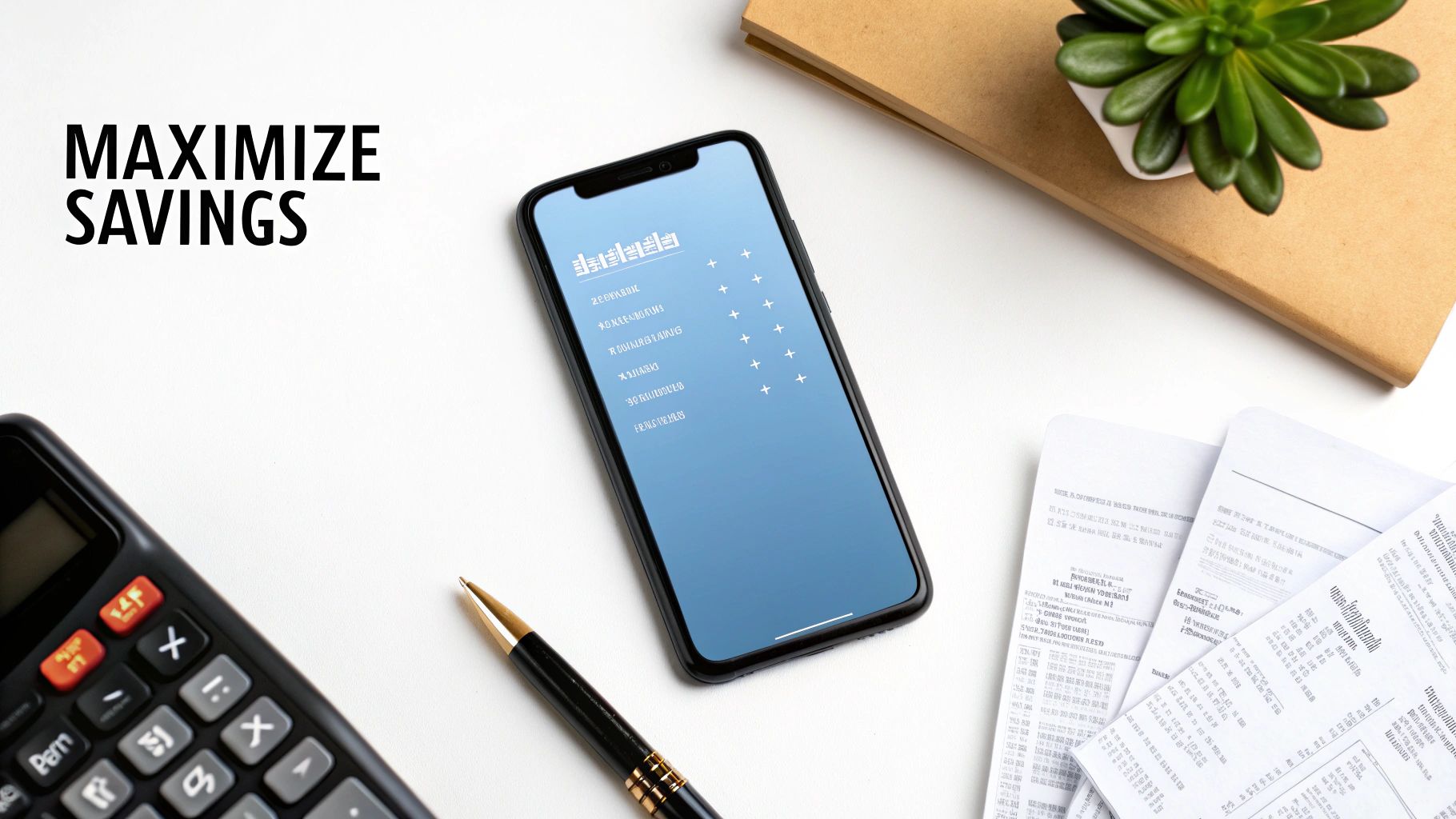 A financial flat lay featuring a smartphone, calculator, pen, and receipts, with "MAXIMIZE SAVINGS" text.