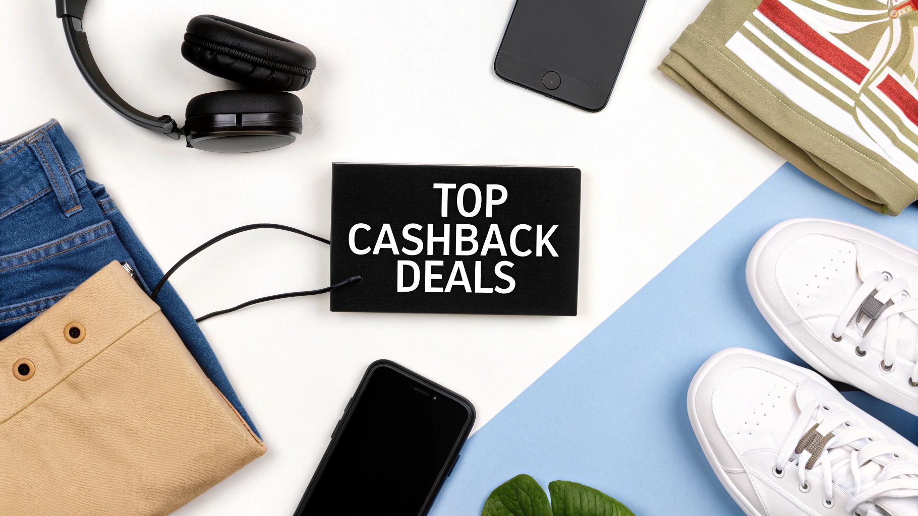 A flat lay of headphones, jeans, bag, smartphones, and sneakers around a 'TOP CASHBACK DEALS' sign.