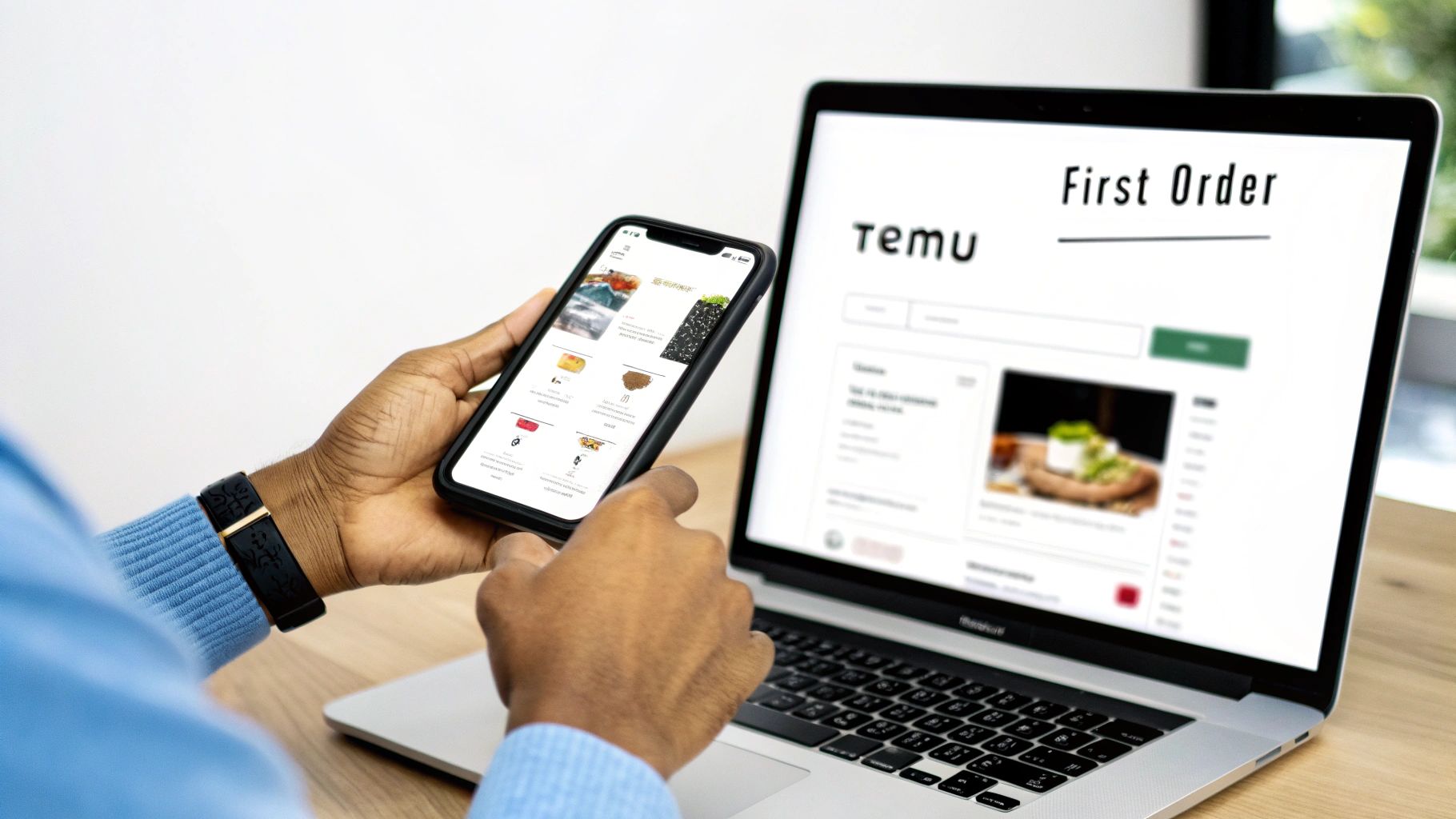 A person uses a smartphone and laptop to browse the Temu shopping app and website.