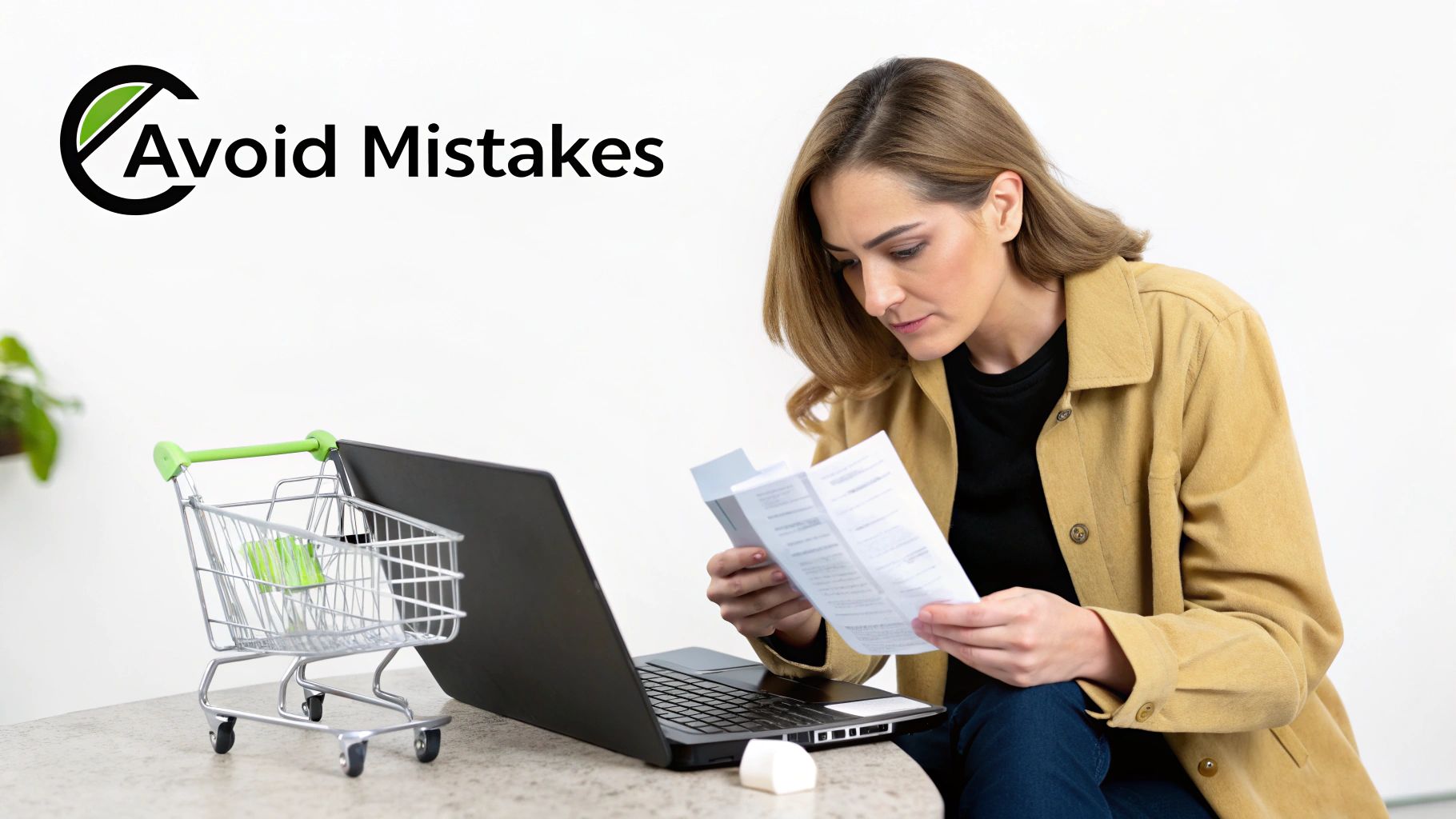 A woman diligently reviews documents next to a laptop and miniature shopping cart for online purchases.