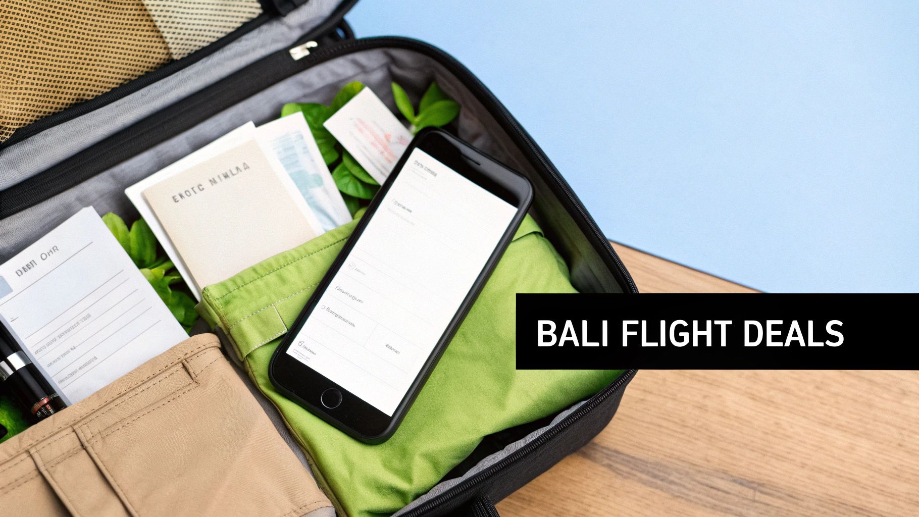 An open travel bag with a smartphone, travel documents, and a green garment, promoting Bali flight deals.