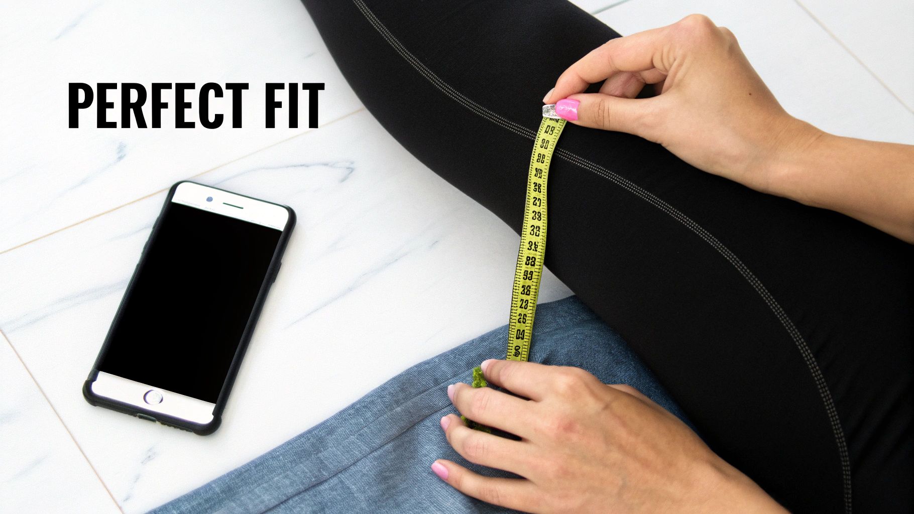 A person measures black activewear with a tape, next to a smartphone and denim fabric, with text 'PERFECT FIT'.