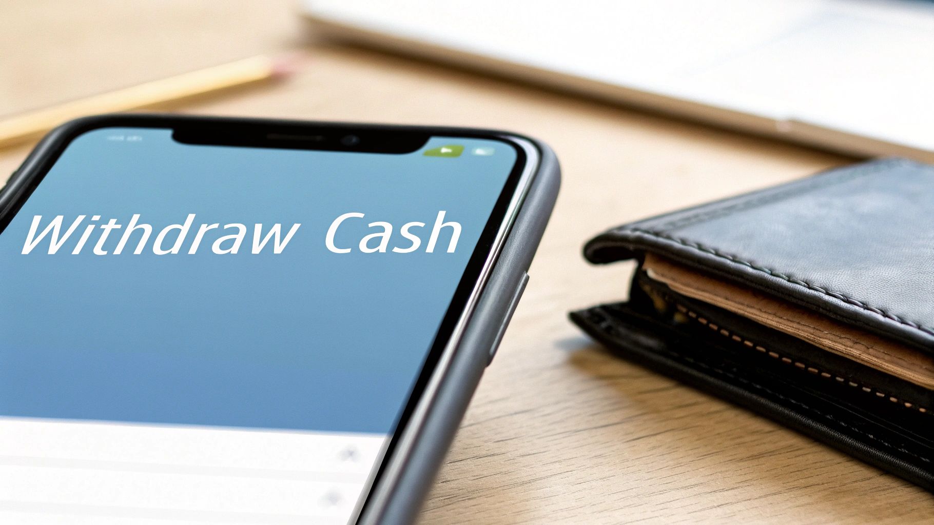 Smartphone displaying 'Withdraw Cash' on screen, with a black leather wallet on a wooden table.