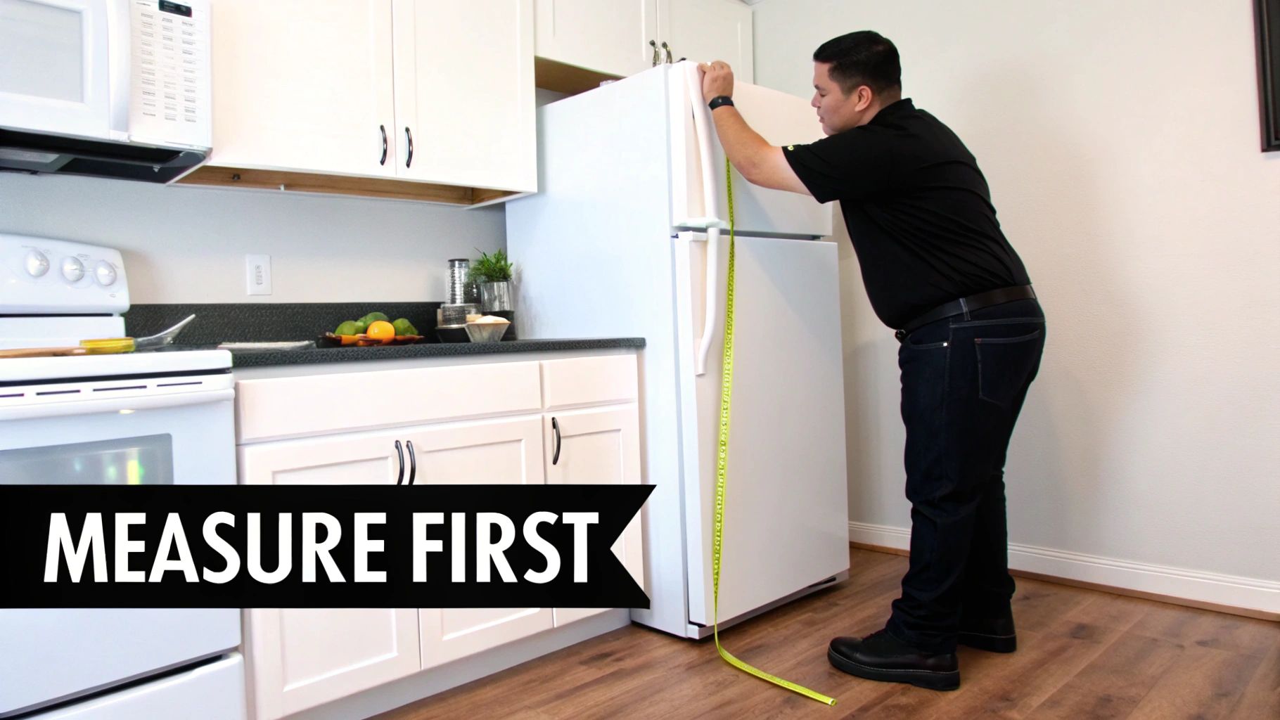 A man in a kitchen uses a yellow tape measure to measure the height of a white refrigerator.