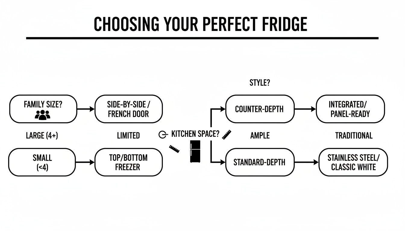 Flowchart guiding users to choose the perfect fridge based on family size, kitchen space, and style options.