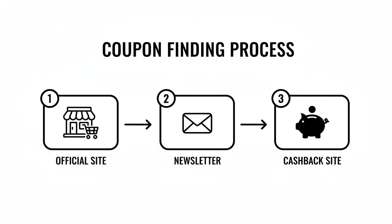 A visual flow diagram illustrating the three steps of finding coupons: official site, newsletter, and cashback site.