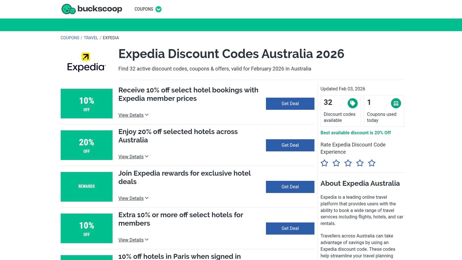 A screenshot of the Buckscoop website showing various Expedia deals and promotions, including hotel sales and member pricing offers.