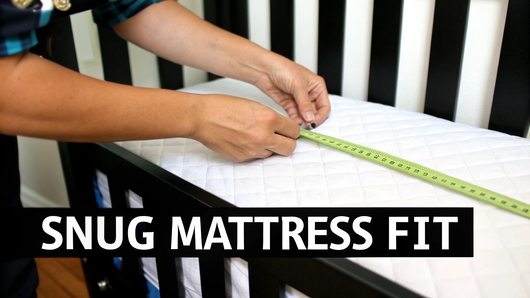 A person's hands measure a white quilted mattress in a dark crib with a green measuring tape.