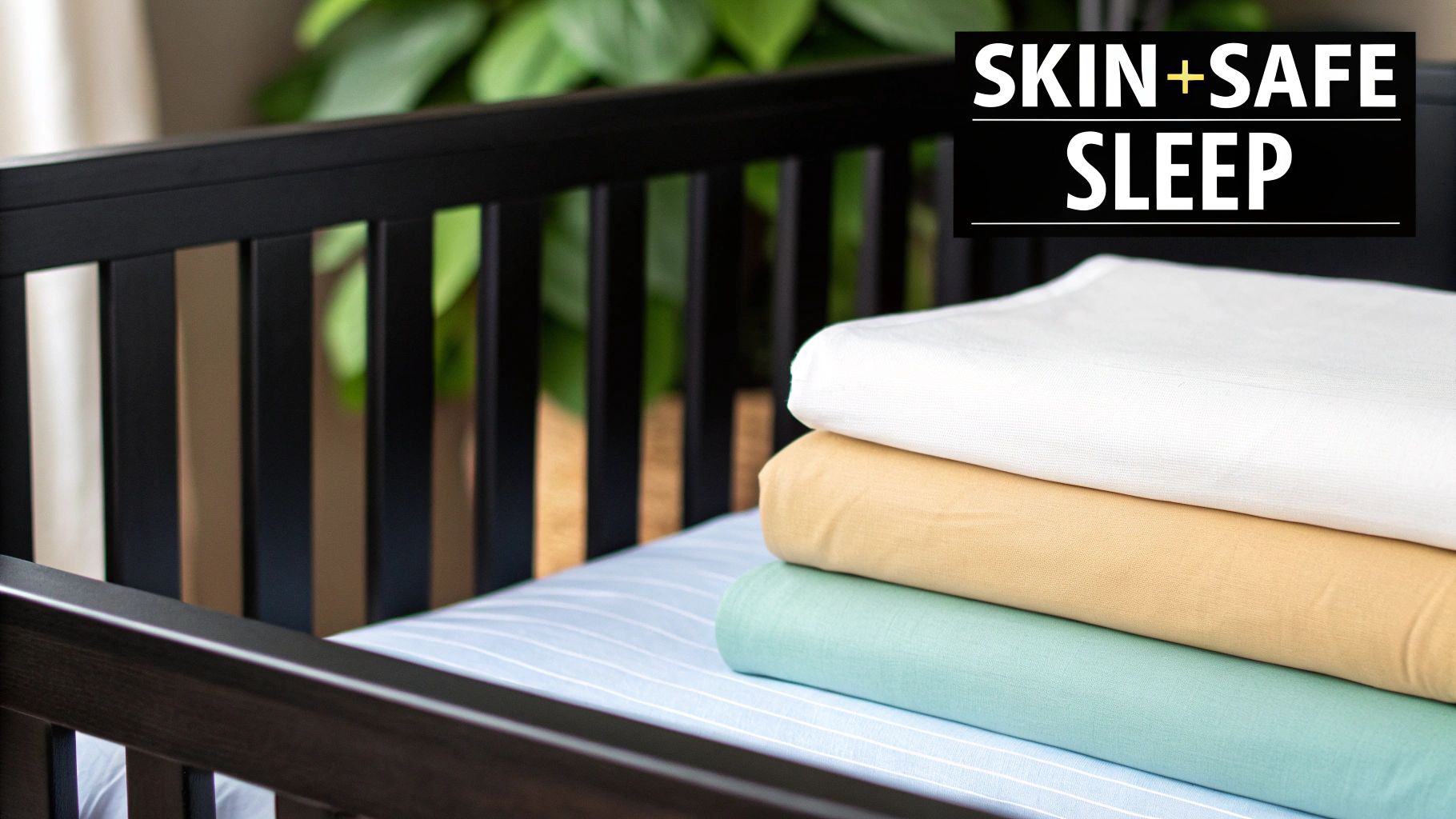 Stack of soft, colorful blankets in a crib with a "SKIN+SAFE SLEEP" label.