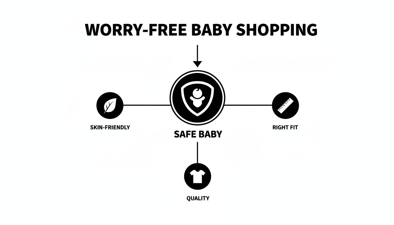 Diagram illustrating worry-free baby shopping, focusing on safe baby products, skin-friendly, right fit, and quality.