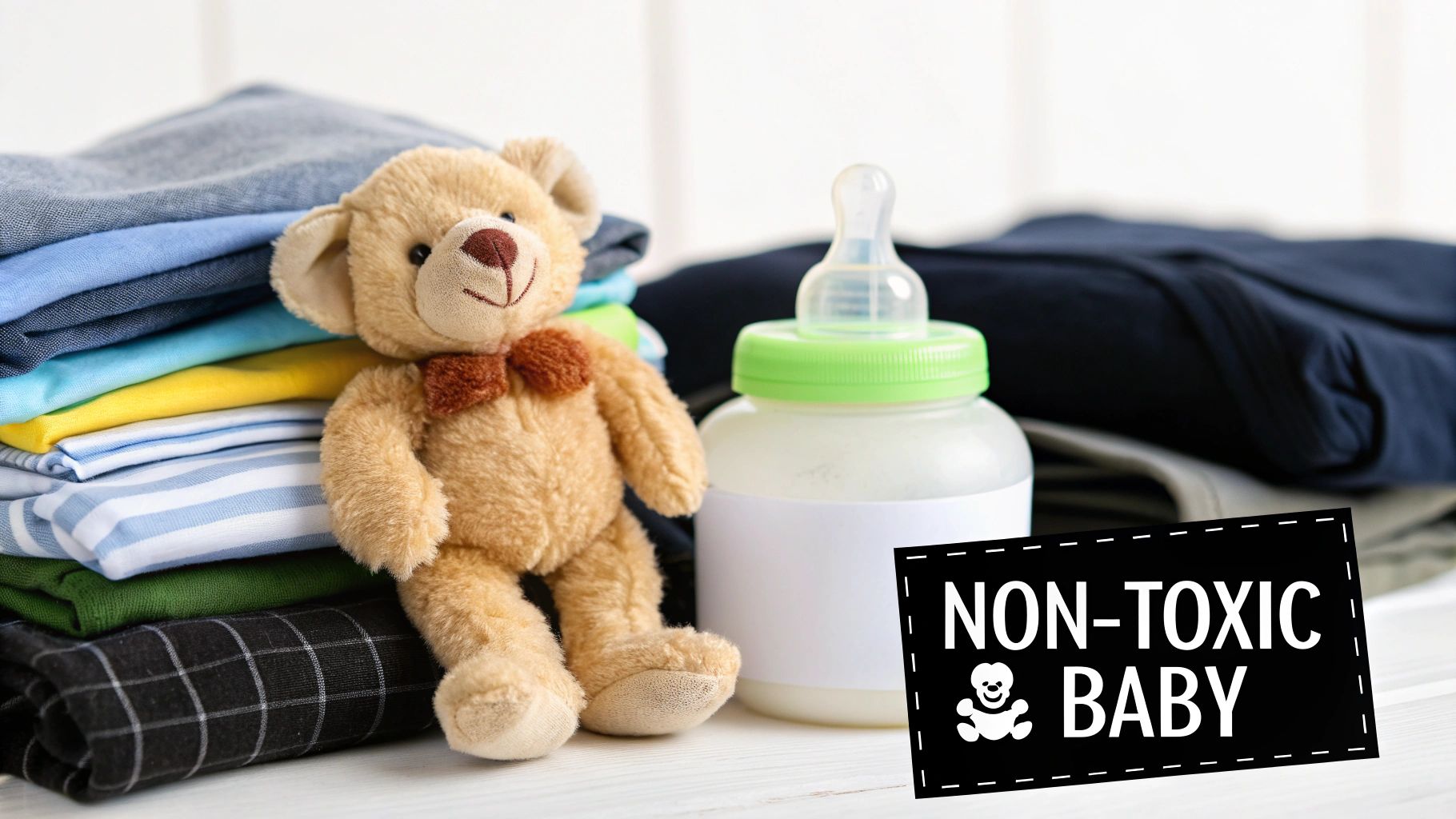 A brown teddy bear, a stack of colorful baby clothes, and a baby bottle with a 'Non-Toxic Baby' sign.