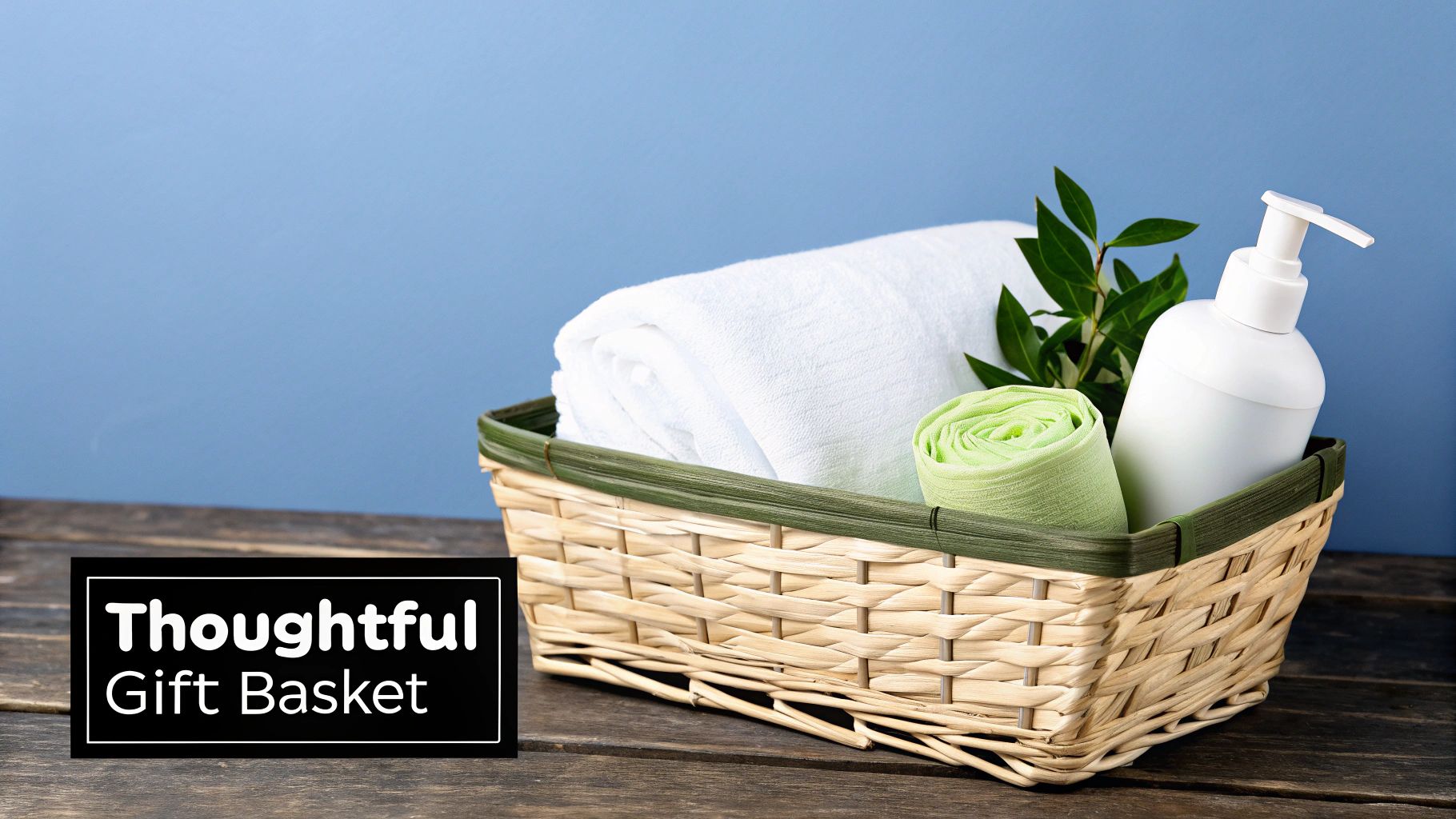 A thoughtful gift basket containing rolled white and green towels, a lotion bottle, and greenery, on a wooden table.