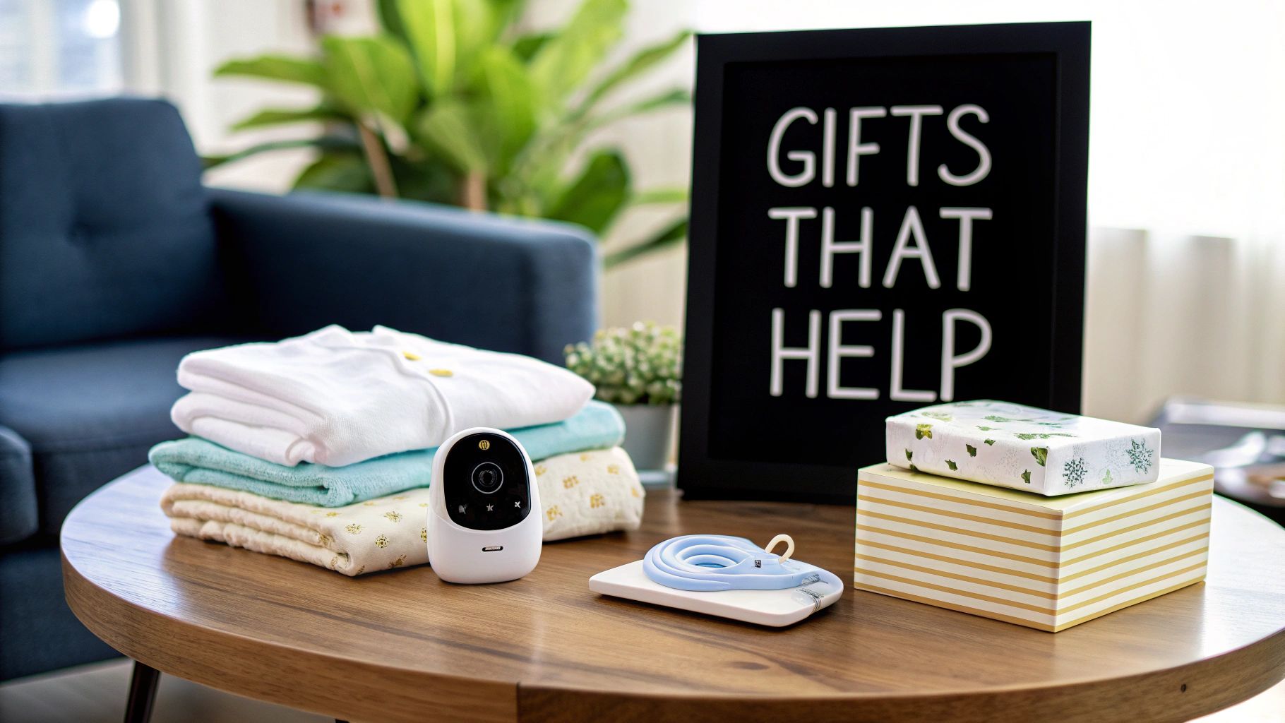 Assortment of baby shower gifts including clothing, a monitor, and a swaddle on a wooden table.