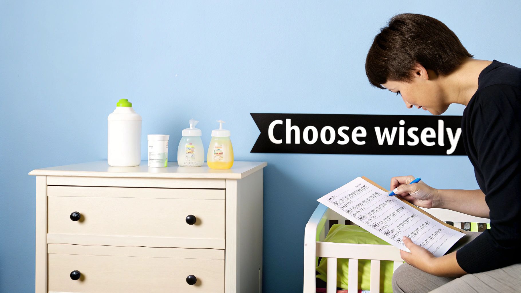 Woman reviews a baby formula comparison chart next to baby products and a crib.