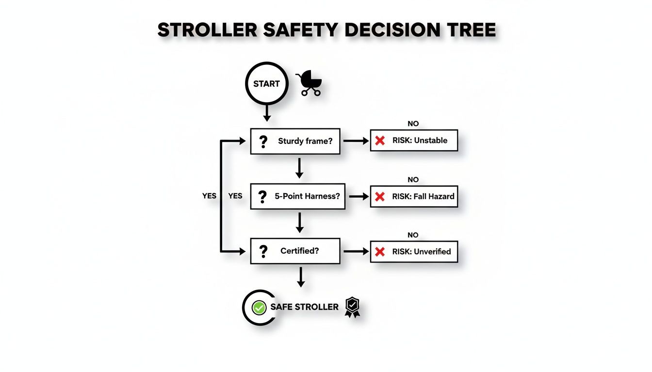 Flowchart: Stroller Safety Decision Tree, checking for sturdy frame, 5-point harness, and certification.