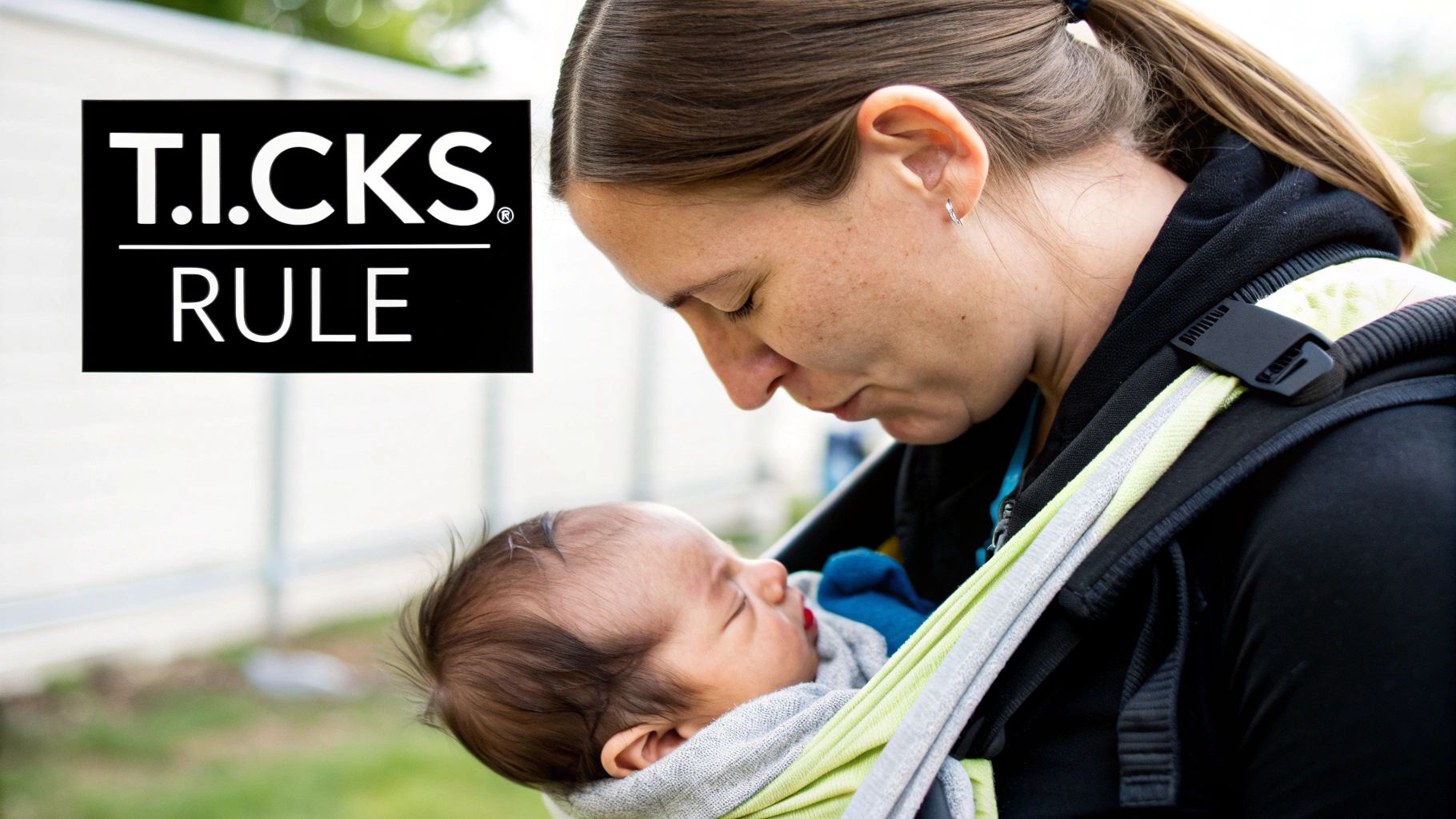 A mother lovingly gazes at her newborn baby nestled safely in a baby carrier, with T.I.C.K.S. RULE overlay.
