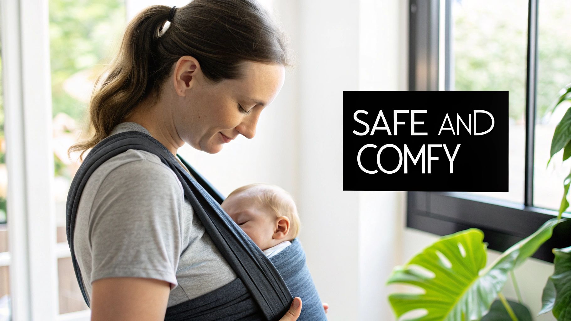 A happy mother gently holds her sleeping baby in a dark grey baby wrap, ensuring a safe and comfy embrace.
