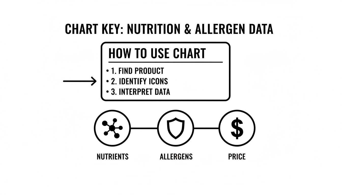 A chart key explaining how to use a chart to find nutrition, allergen, and price data.