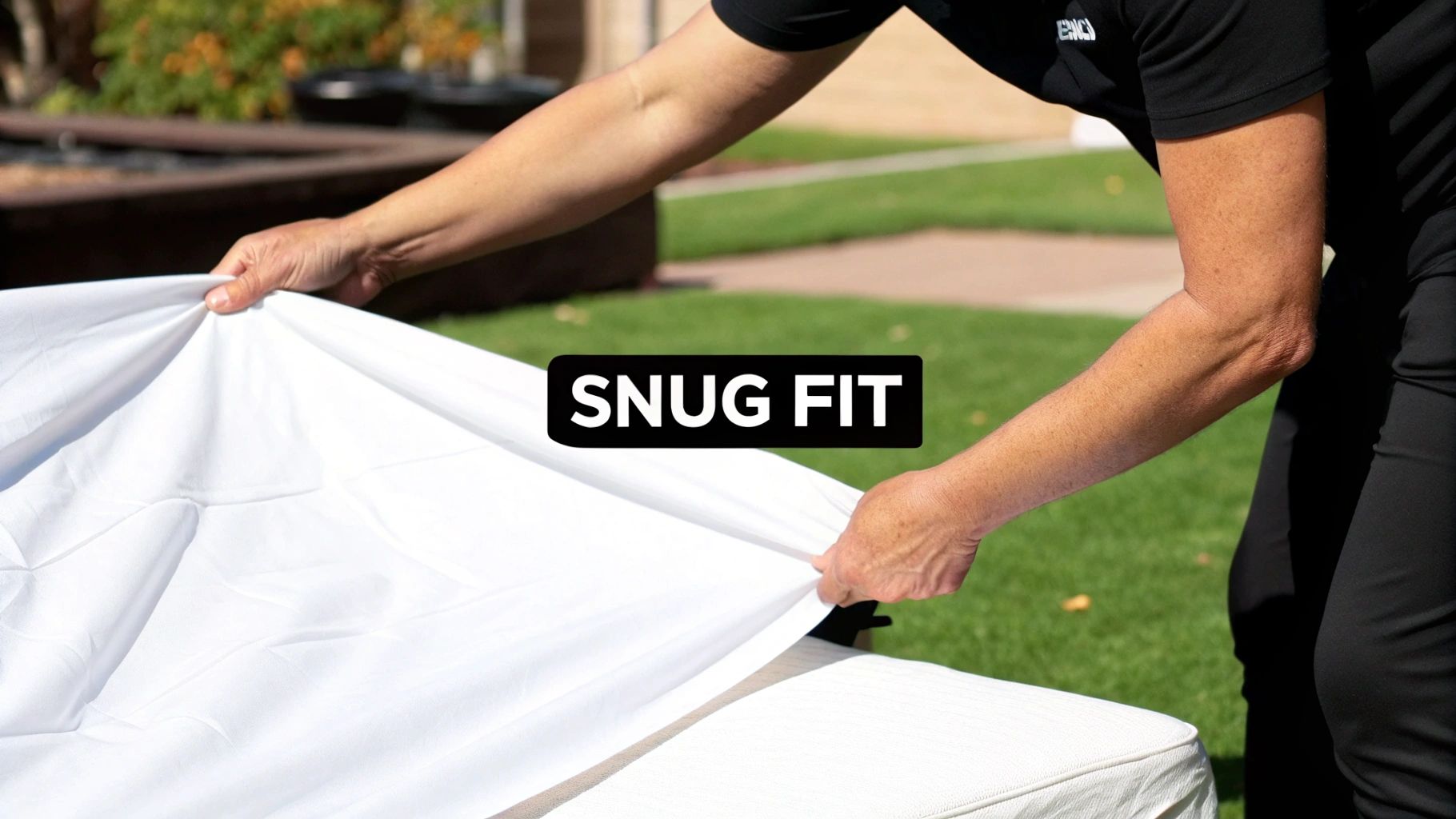 Hands fitting a white sheet tightly onto an outdoor cushion, highlighting a snug fit.