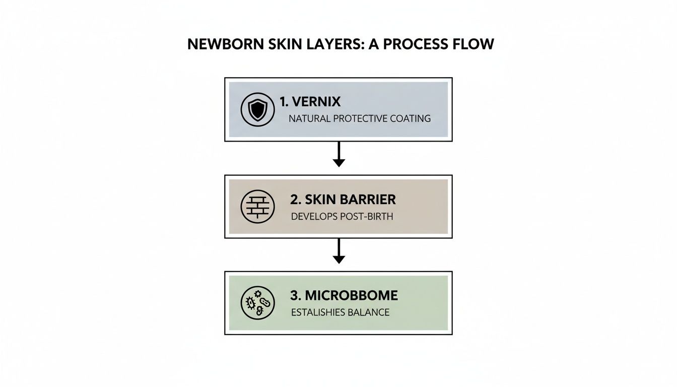 A process flow chart illustrating the three layers of newborn skin: vernix, skin barrier, and microbiome.