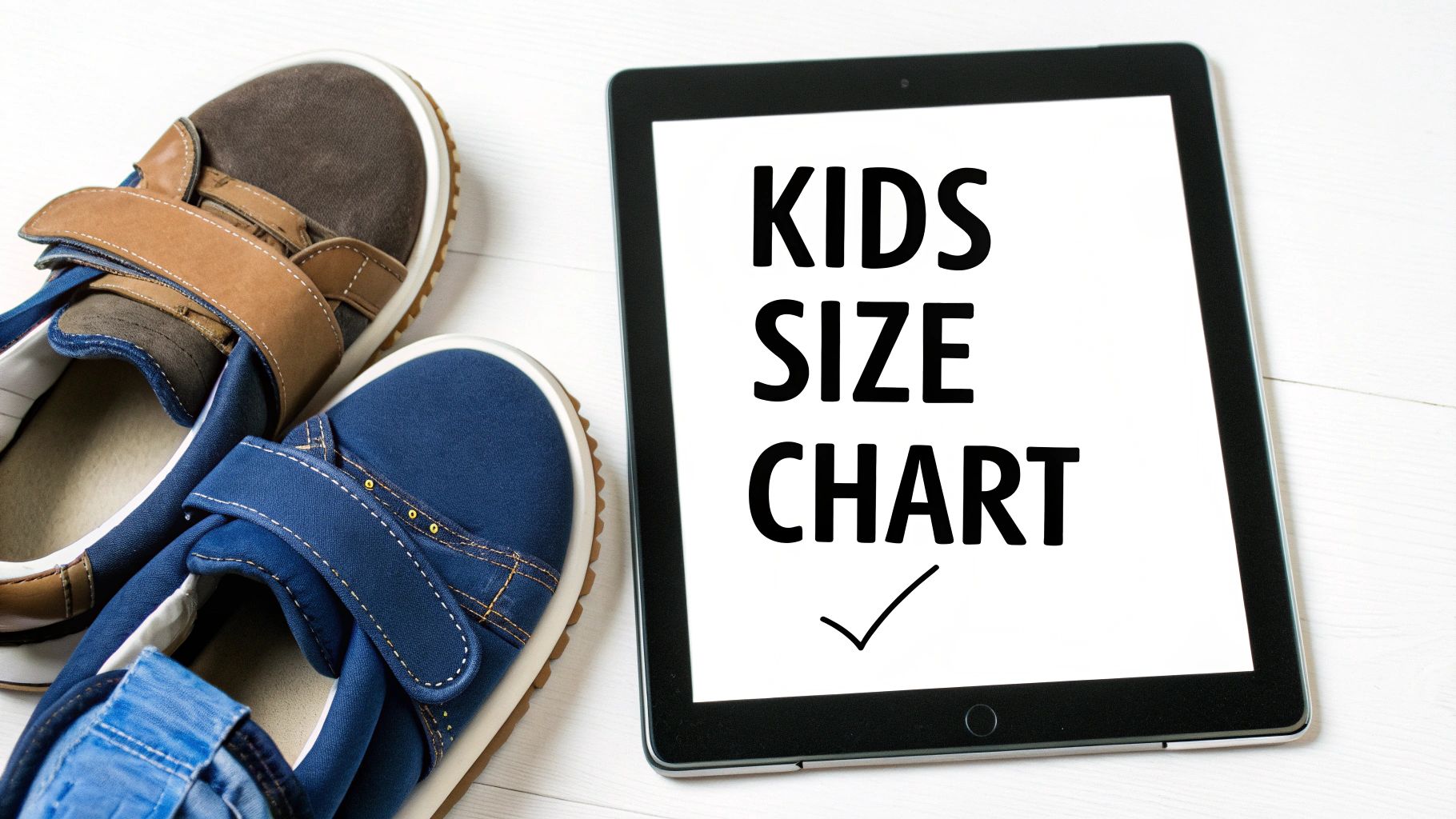 Two pairs of kids' shoes next to a tablet displaying a 'Kids Size Chart' on a white surface.