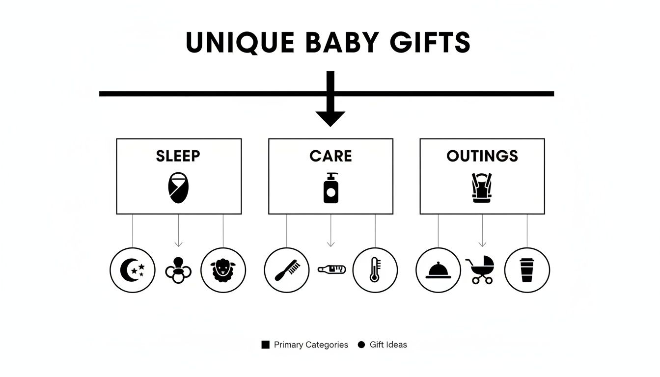 A diagram illustrating unique baby gift ideas categorized by sleep, care, and outings, with specific examples.