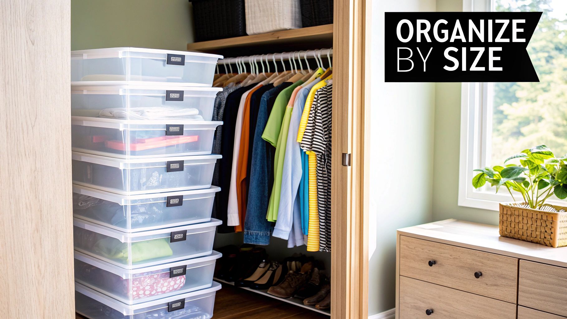 A well-organized closet with hanging clothes, stacked clear storage bins, and a dresser with a plant.