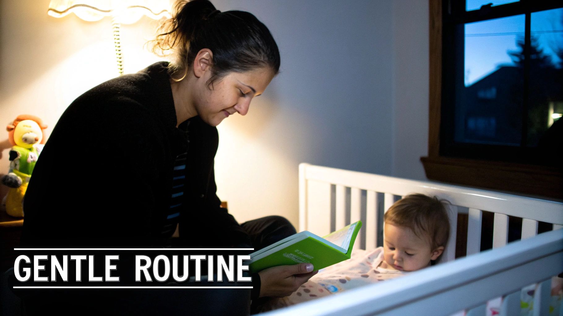 A mother reads a gentle bedtime story to her baby sleeping peacefully in a crib.