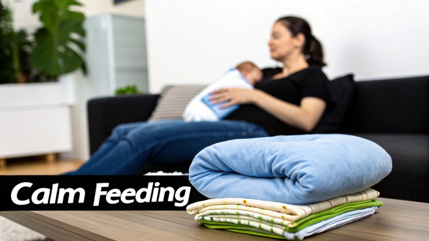 A mother in jeans and a black shirt feeds her baby on a couch, with blankets on a table.