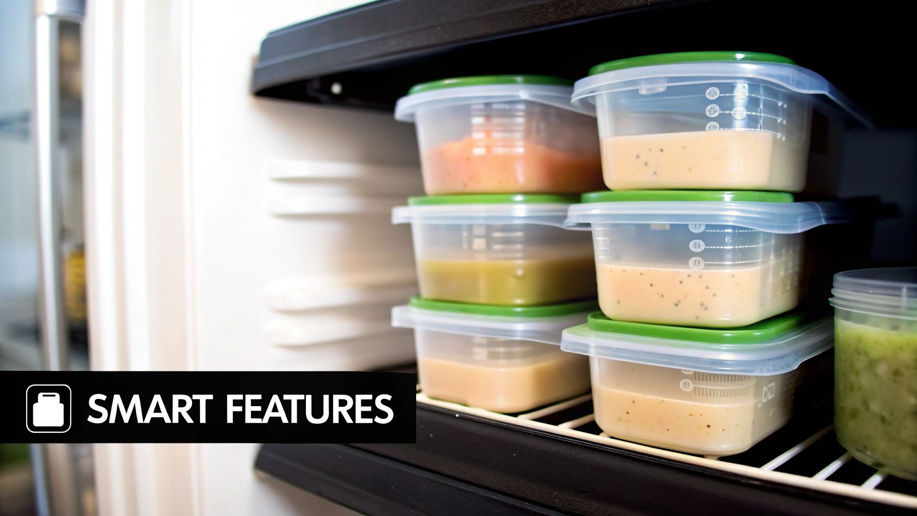 Neatly stacked clear containers of homemade baby food, including purees and smoothies, stored in a refrigerator.