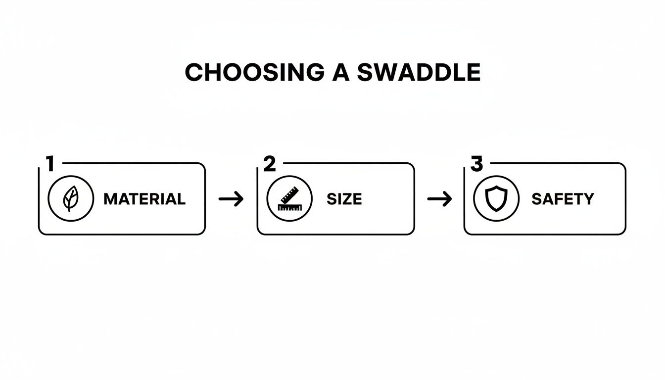 A flowchart outlining three steps for choosing a swaddle: material, size, and safety.