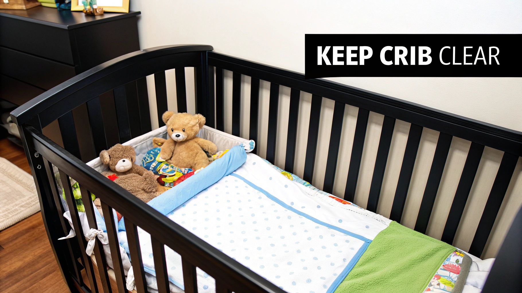 A black wooden baby crib with two teddy bears and patterned bedding, featuring a "KEEP CRIB CLEAR" sign.