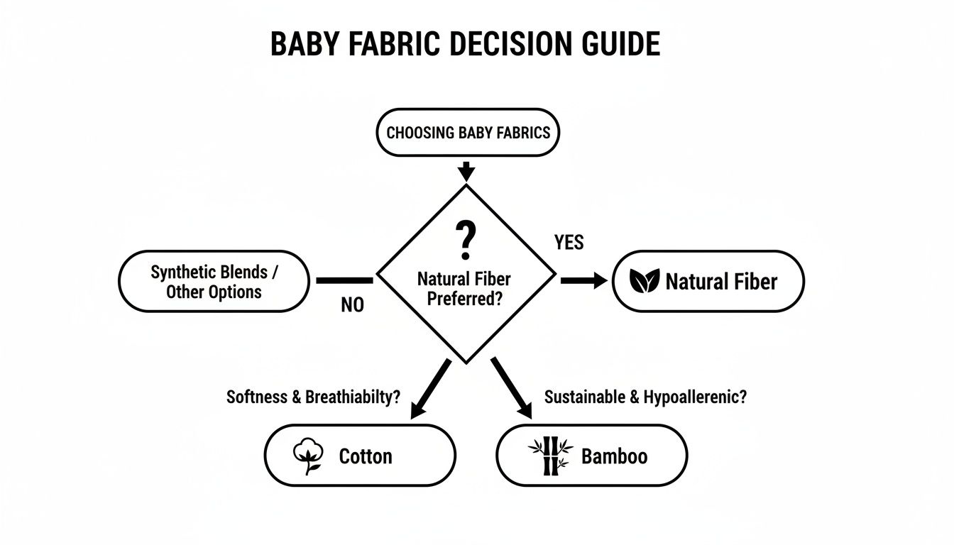 A flowchart decision guide for choosing baby fabrics, comparing natural fibers like cotton and bamboo with synthetic blends.