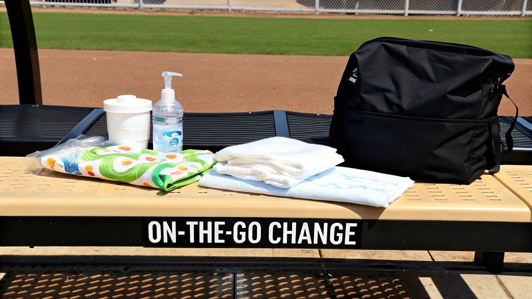 Portable baby changing supplies like a diaper bag, wipes, hand sanitizer, and clean cloths on a bench.