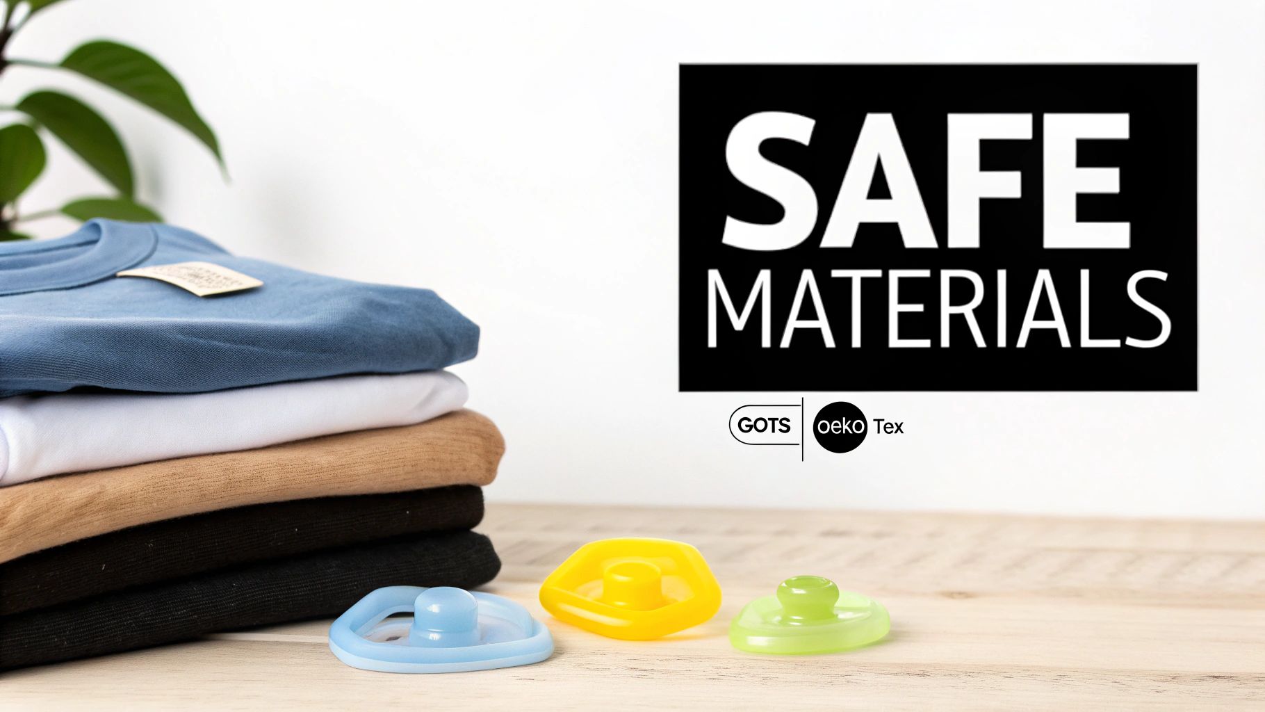 A stack of baby clothes and colorful pacifiers with 'SAFE MATERIALS' and GOTS/Oeko-Tex logos.