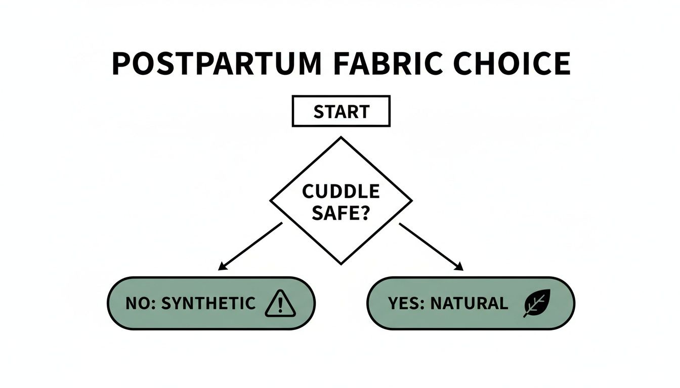 Flowchart for postpartum fabric choice: synthetic if not cuddle safe, natural if cuddle safe.