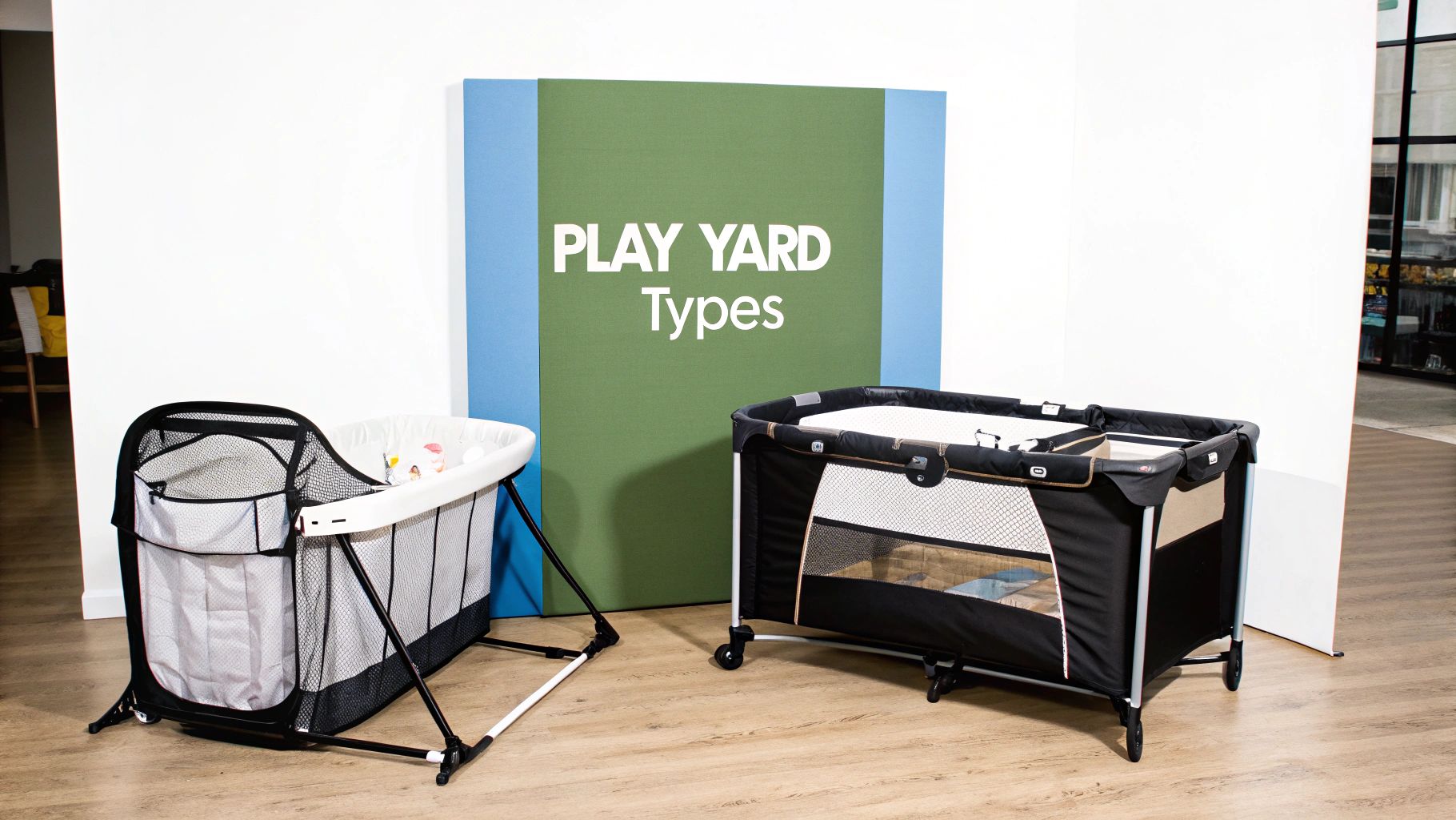 Two types of baby play yards are displayed on a wooden floor, next to a sign that reads "PLAY YARD Types."