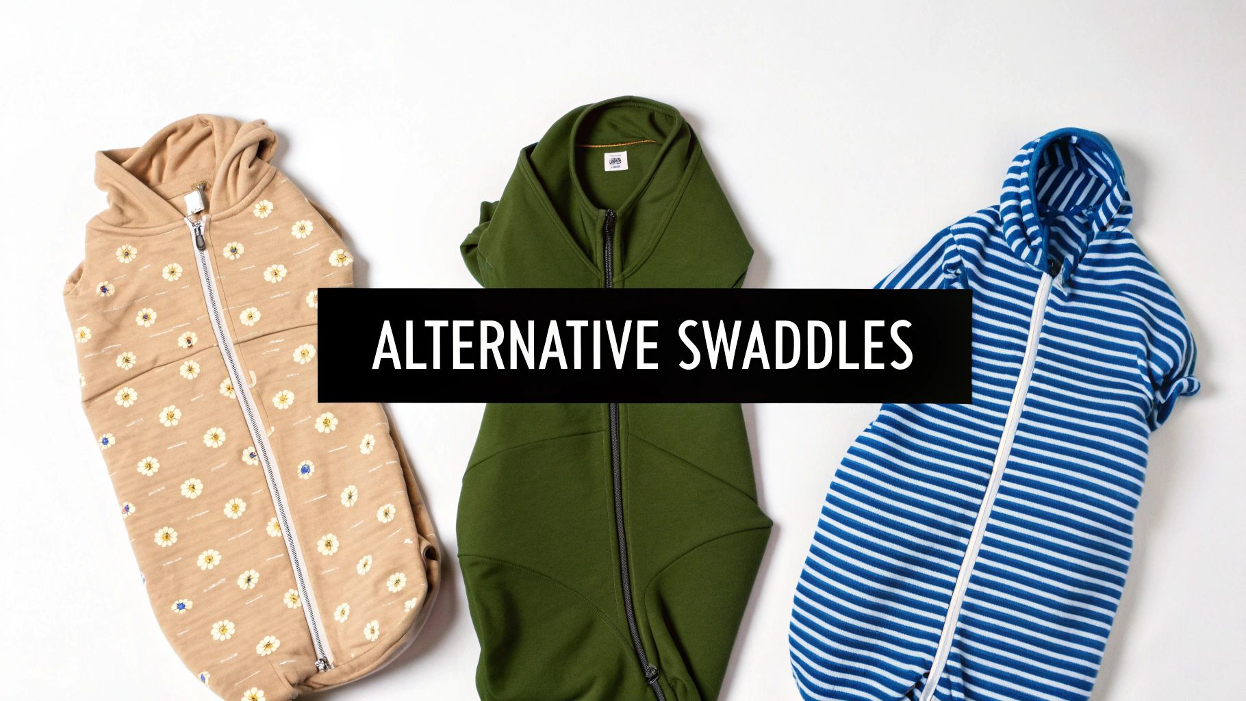 Three alternative baby swaddles or sleep sacks in varying colors and patterns displayed on a white background.